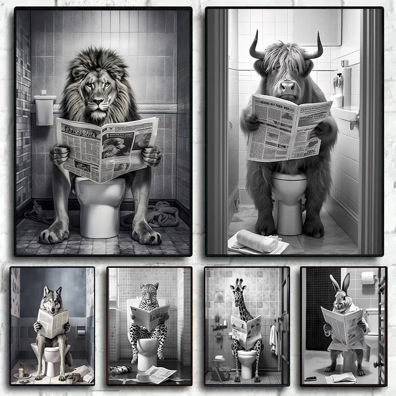 Funny Bathroom Lion Cow Sitting on Toilet Reading Newspaper Poster Modern Wall Art HD Picture Canvas Print For Room Home Decor