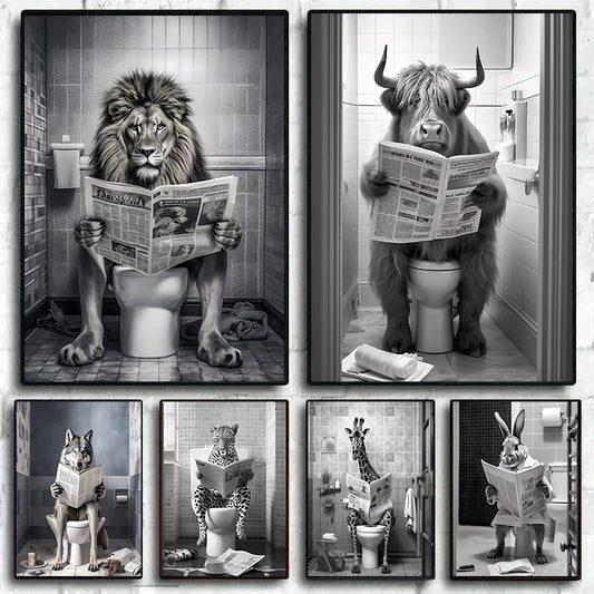Funny Bathroom Lion Cow Sitting on Toilet Reading Newspaper Poster Modern Wall Art HD Picture Canvas Print For Room Home Decor