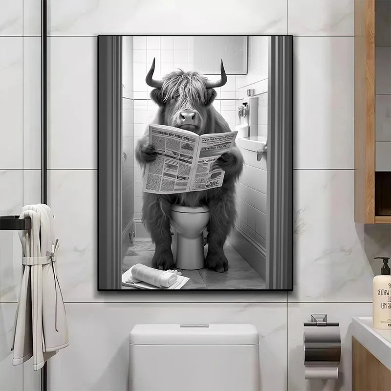 Funny Bathroom Lion Cow Sitting on Toilet Reading Newspaper Poster Modern Wall Art HD Picture Canvas Print For Room Home Decor