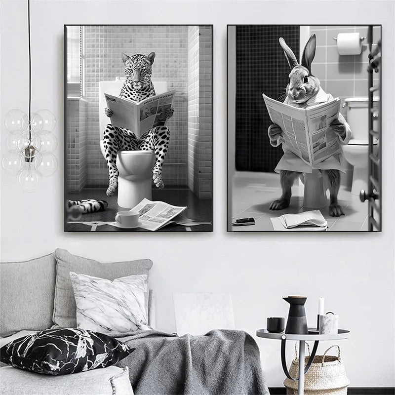 Funny Bathroom Lion Cow Sitting on Toilet Reading Newspaper Poster Modern Wall Art HD Picture Canvas Print For Room Home Decor