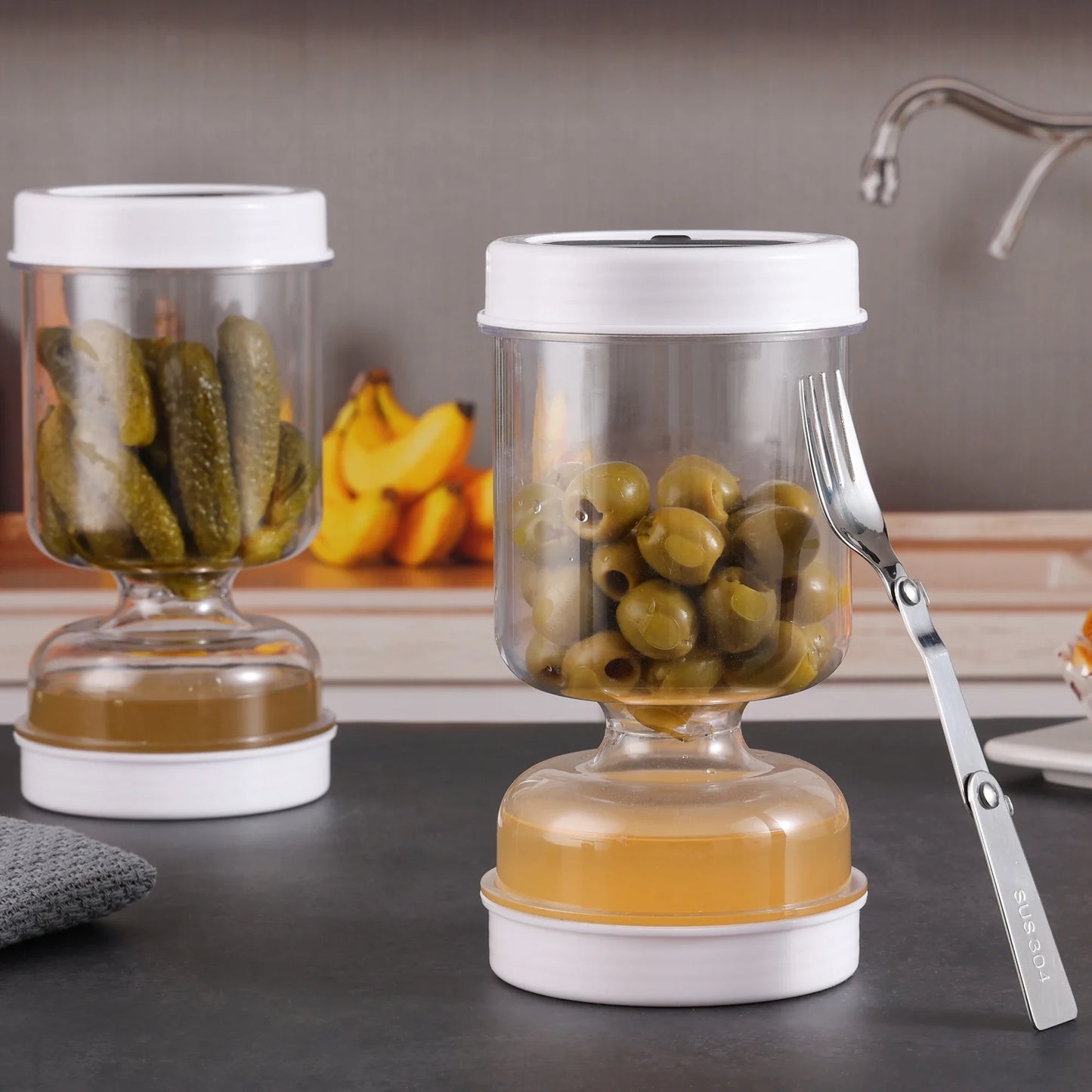 New Olive and Pickle Strainer Jar, Olive Container Hourglass Jar with Strainer Flip Pickle Container for Airtight Food Storage