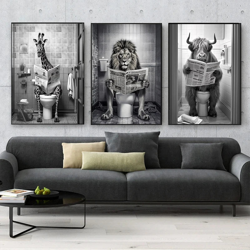 Funny Bathroom Lion Cow Sitting on Toilet Reading Newspaper Poster Modern Wall Art HD Picture Canvas Print For Room Home Decor
