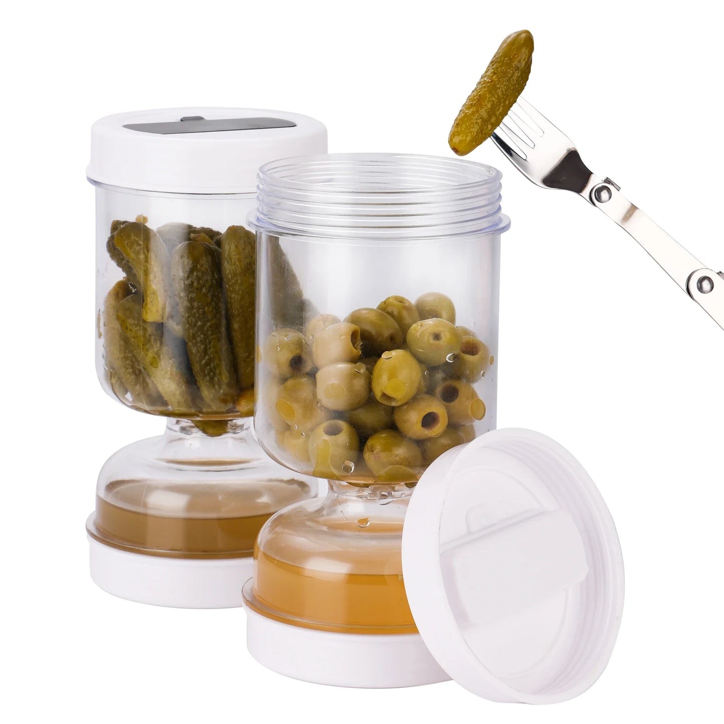 New Olive and Pickle Strainer Jar, Olive Container Hourglass Jar with Strainer Flip Pickle Container for Airtight Food Storage