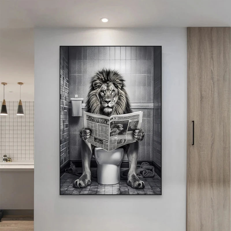 Funny Bathroom Lion Cow Sitting on Toilet Reading Newspaper Poster Modern Wall Art HD Picture Canvas Print For Room Home Decor