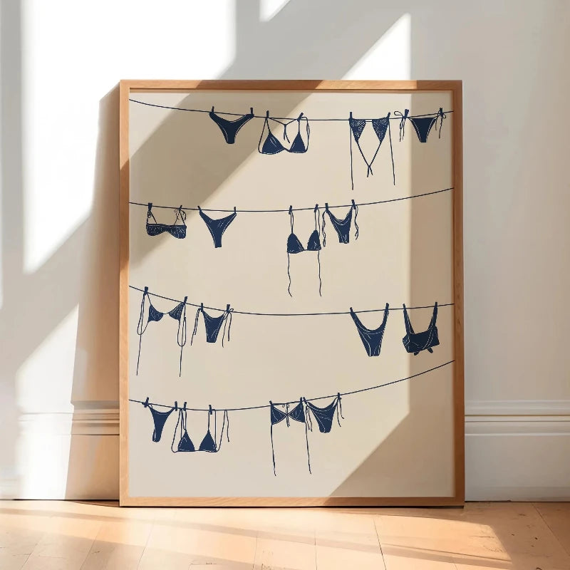 Dark Blue Bikinis Wall Art Print, Bathing Suit Poster, Blue Beachy Prints, Coastal Cowgirl Wall Art, College Apartment Decor