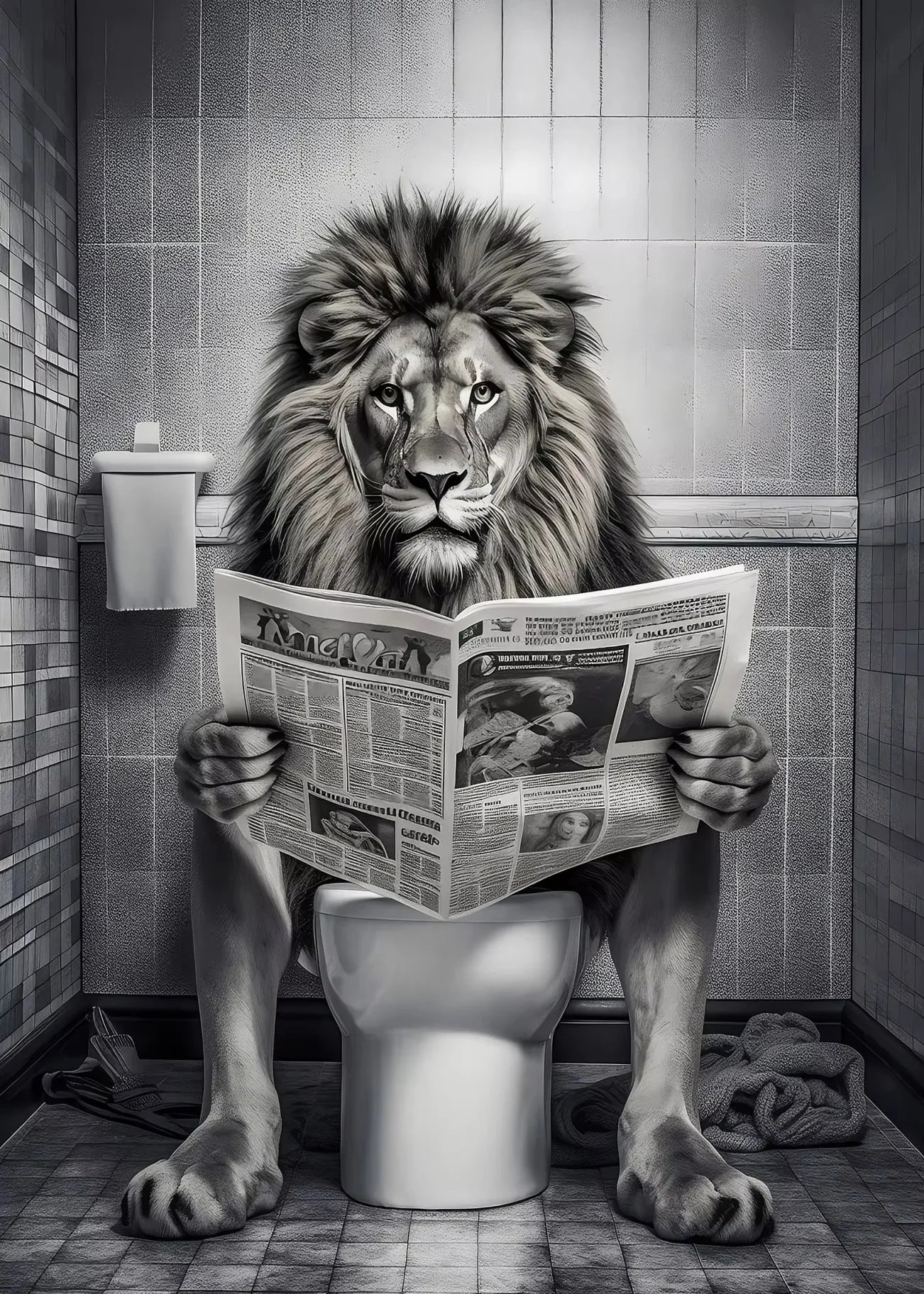 Funny Bathroom Lion Cow Sitting on Toilet Reading Newspaper Poster Modern Wall Art HD Picture Canvas Print For Room Home Decor