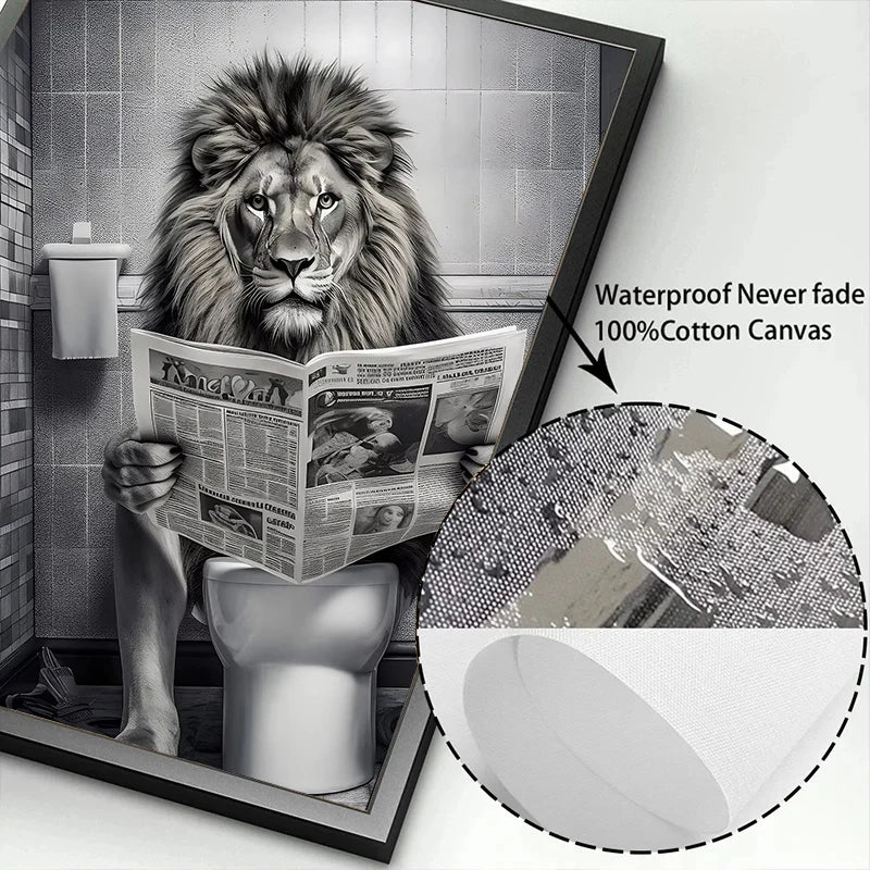 Funny Bathroom Lion Cow Sitting on Toilet Reading Newspaper Poster Modern Wall Art HD Picture Canvas Print For Room Home Decor