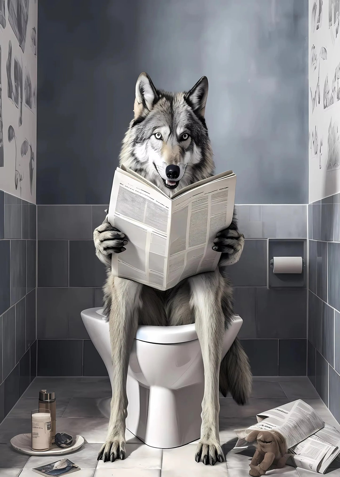 Funny Bathroom Lion Cow Sitting on Toilet Reading Newspaper Poster Modern Wall Art HD Picture Canvas Print For Room Home Decor