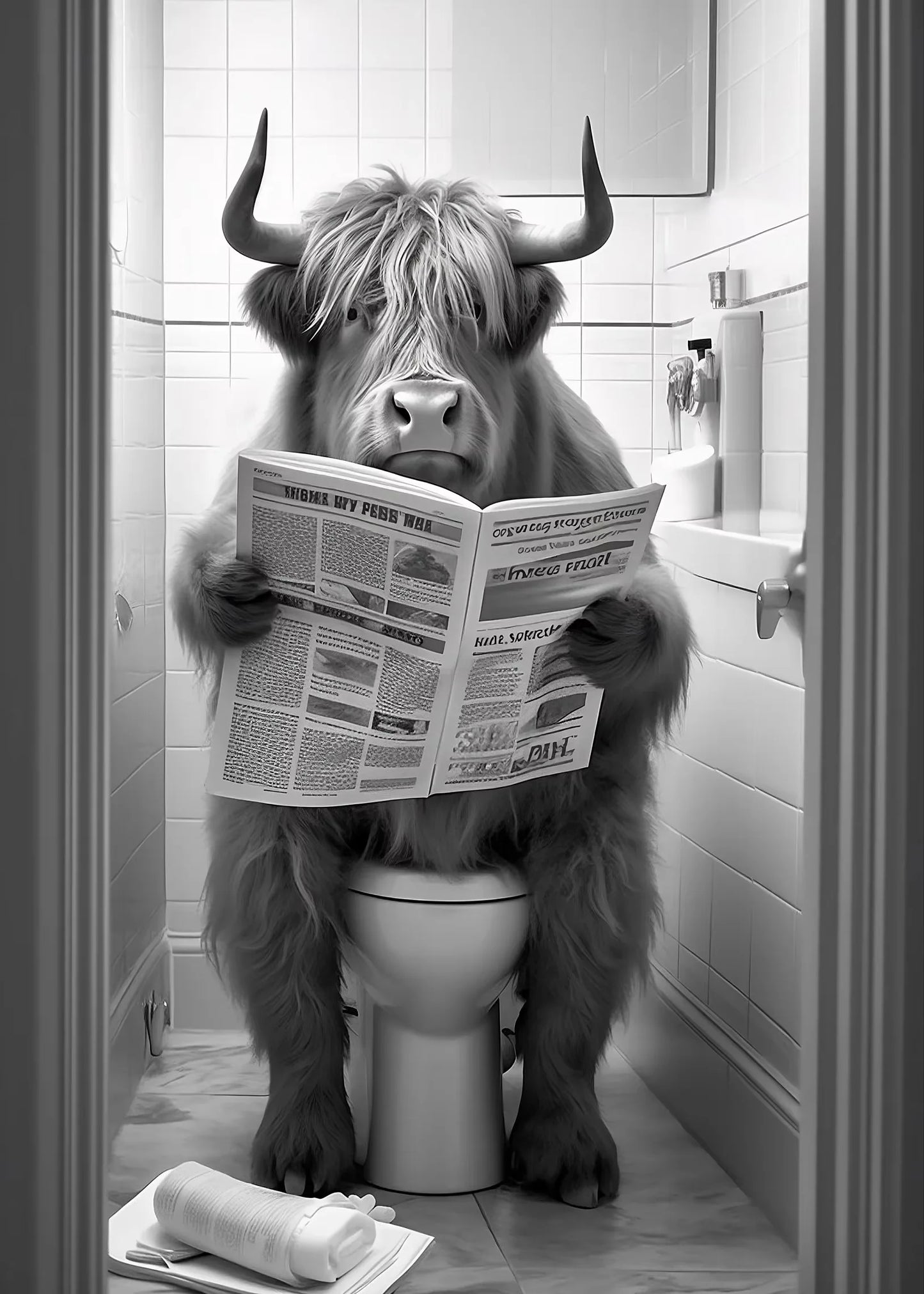 Funny Bathroom Lion Cow Sitting on Toilet Reading Newspaper Poster Modern Wall Art HD Picture Canvas Print For Room Home Decor