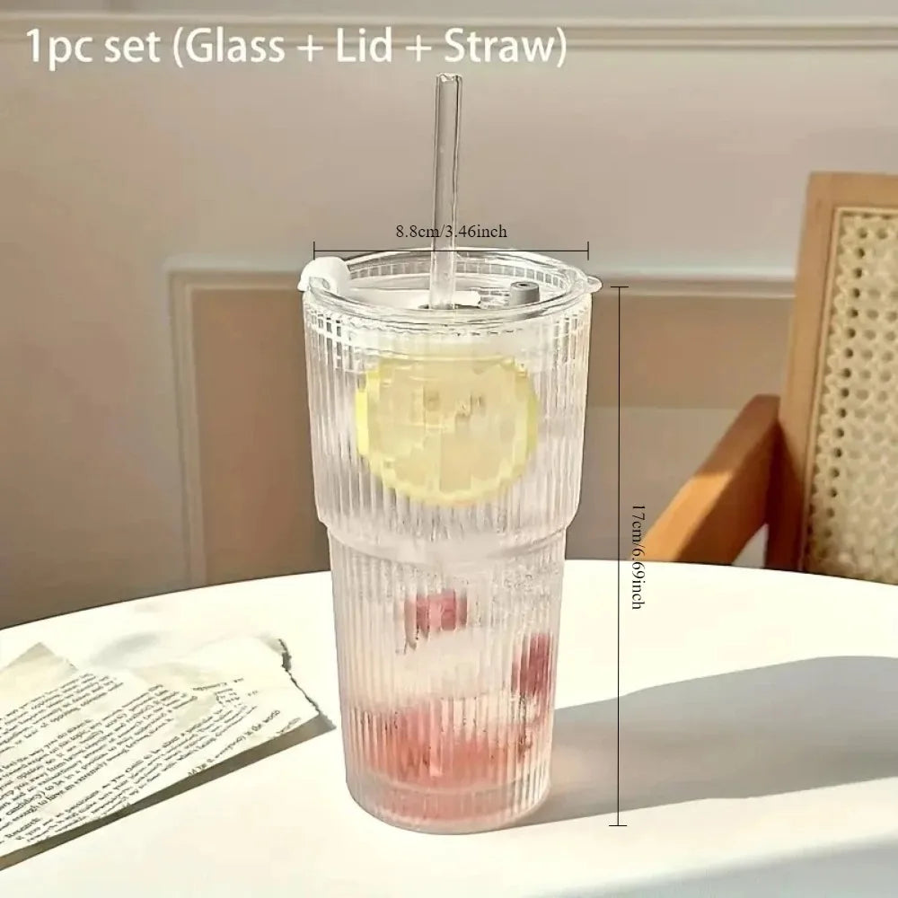 600ml Stripe Glass Cup with Lid and Straw Transparent Drinking Glasses for Juice Water and Iced Coffee Cups Mug Drinkware