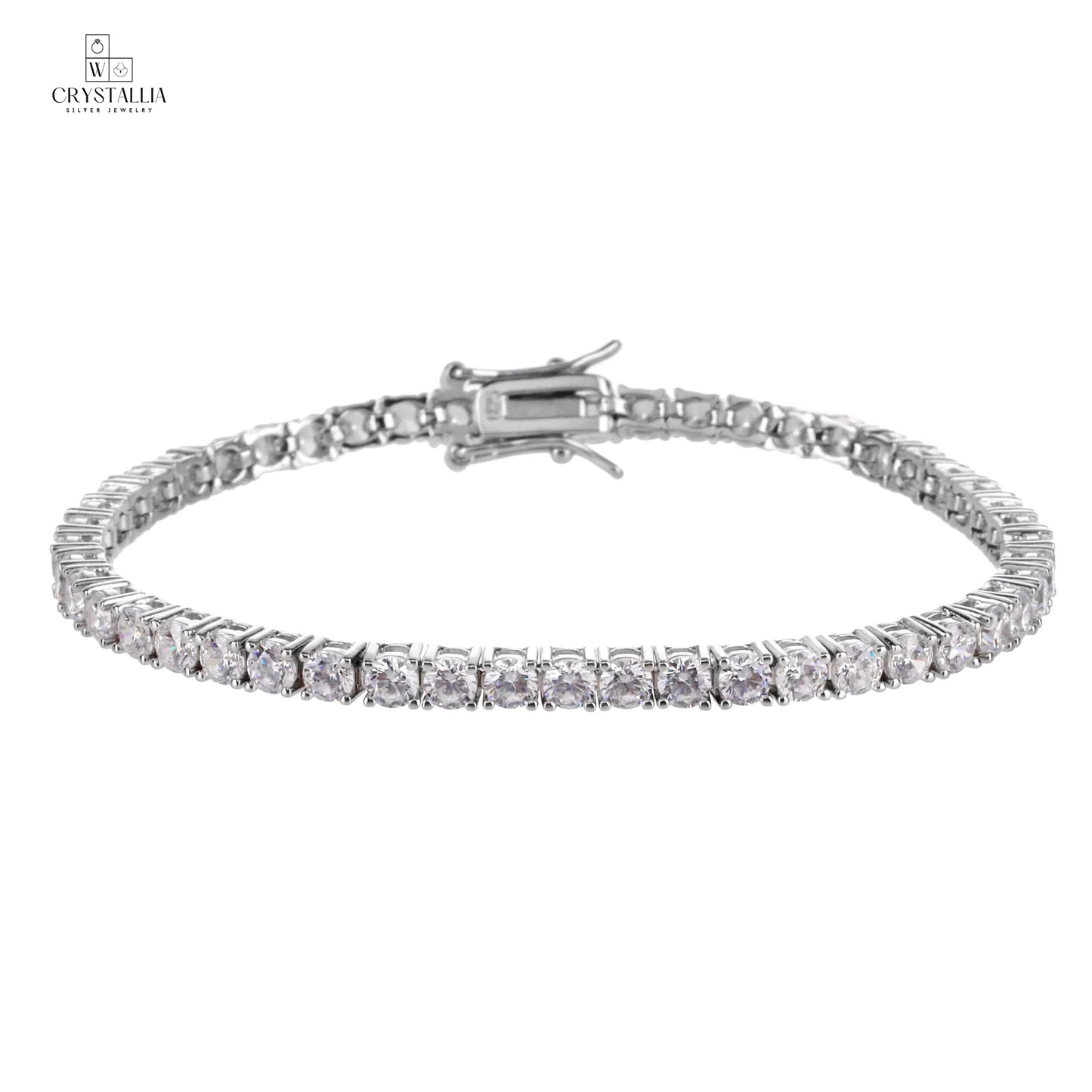 צמיד טניס אלגנטי בגימור כסוף עם שיבוץ אבנים נוצצות לכל אורכו, רוחב 3.5 מ"מ, דגם ZSI005-1 של מותג קריסטליה