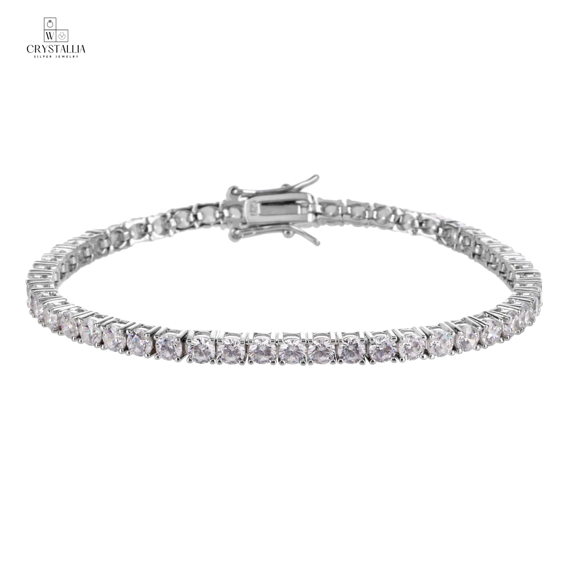 צמיד טניס אלגנטי בגימור כסוף עם שיבוץ אבנים נוצצות לכל אורכו, רוחב 3.5 מ"מ, דגם ZSI005-1 של מותג קריסטליה