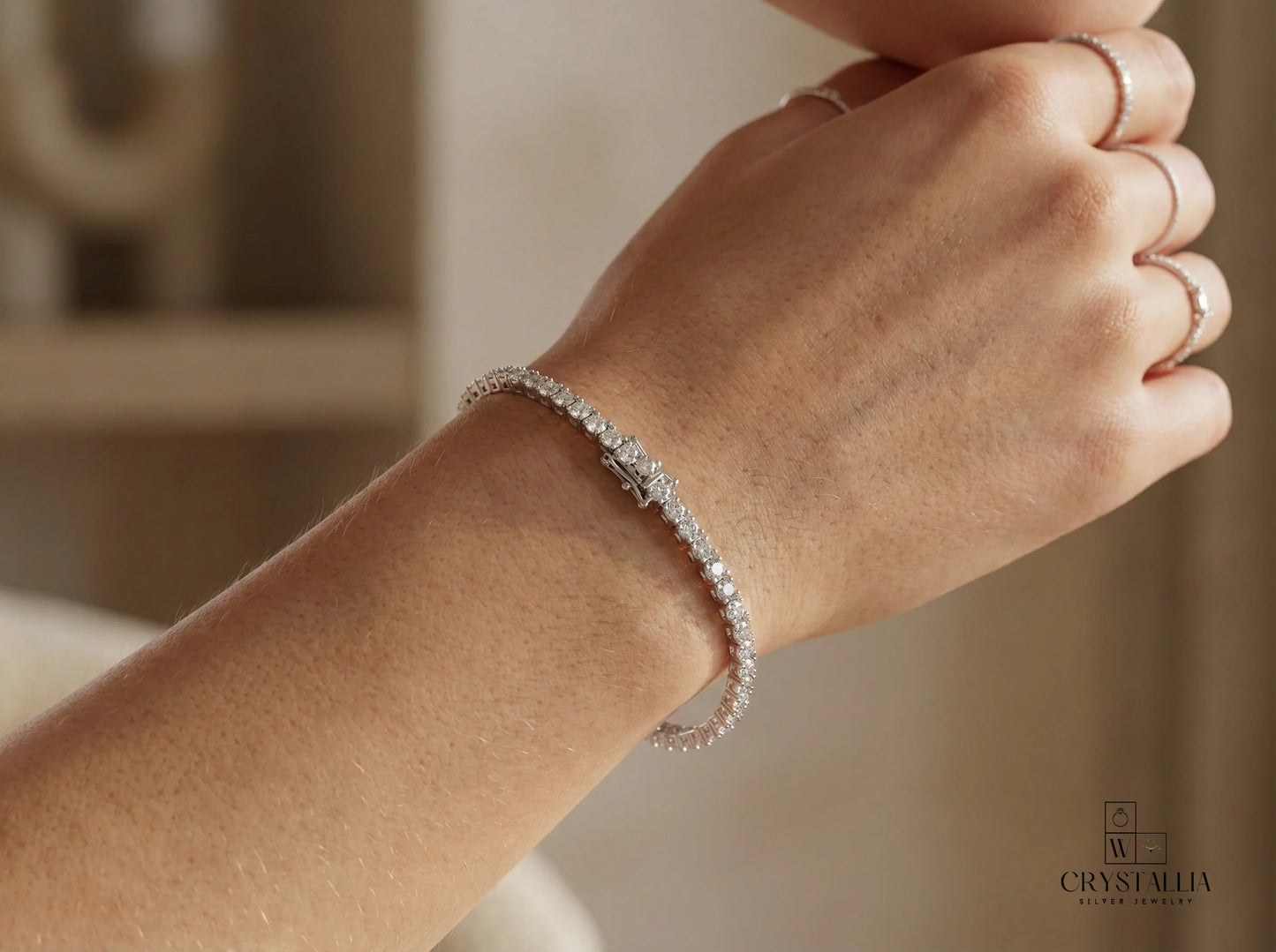 צמיד טניס 2מ"מ מכסף 925 ושיבוץ אבני קריסטל